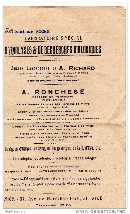 Document, 2 Volets,  Laboratoire D'analyse De Recherches Biologiques, RONCHESE à NICE, De 1931 - Australië