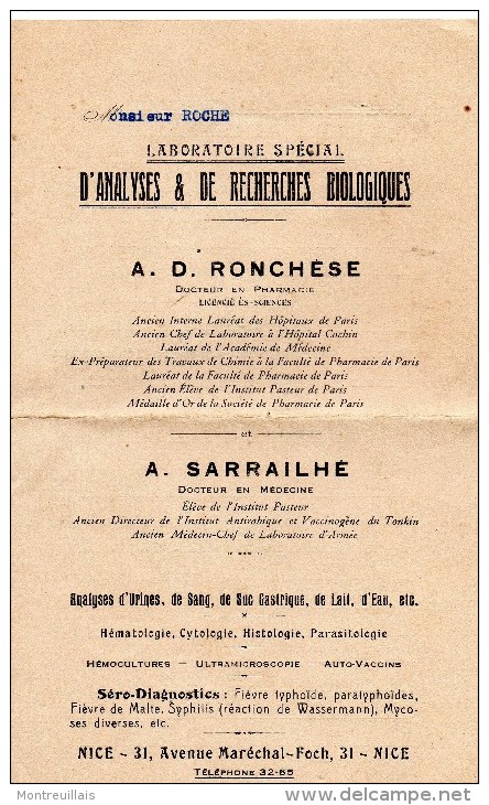 Document, 2 Volets,  Laboratoire D´analyse De Recherches Biologiques, RONCHESE à NICE, De 1931 - Australie