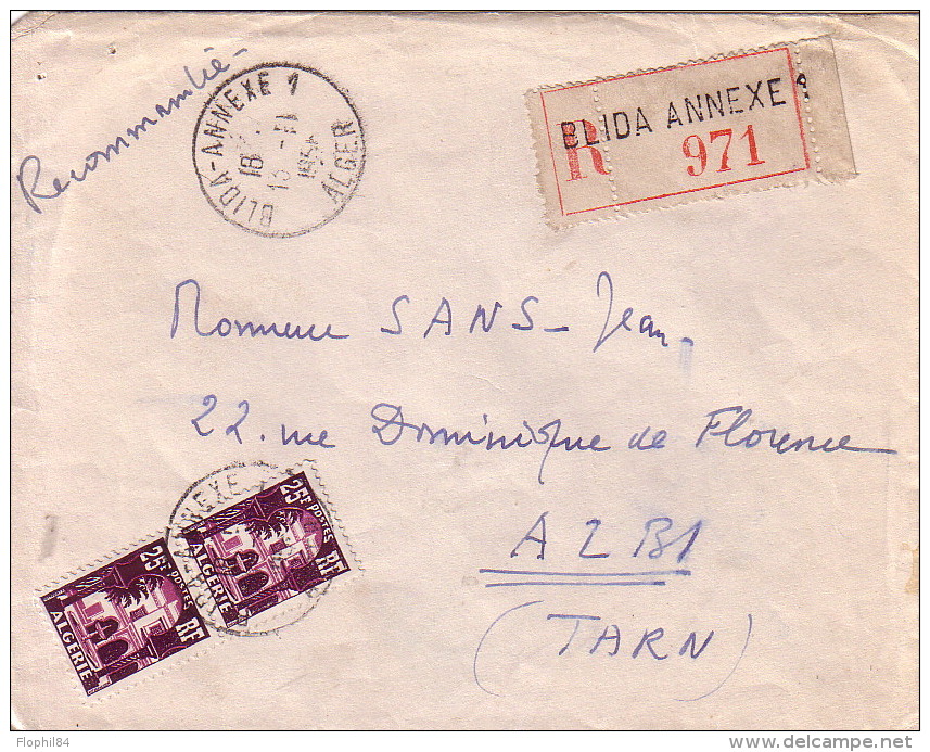 ALGERIE - BLIDA-ANNEXE 1 - ALGER - LETTRE RECOMMANDEE DU 13-11-1956 - SUPERBE. - Covers & Documents