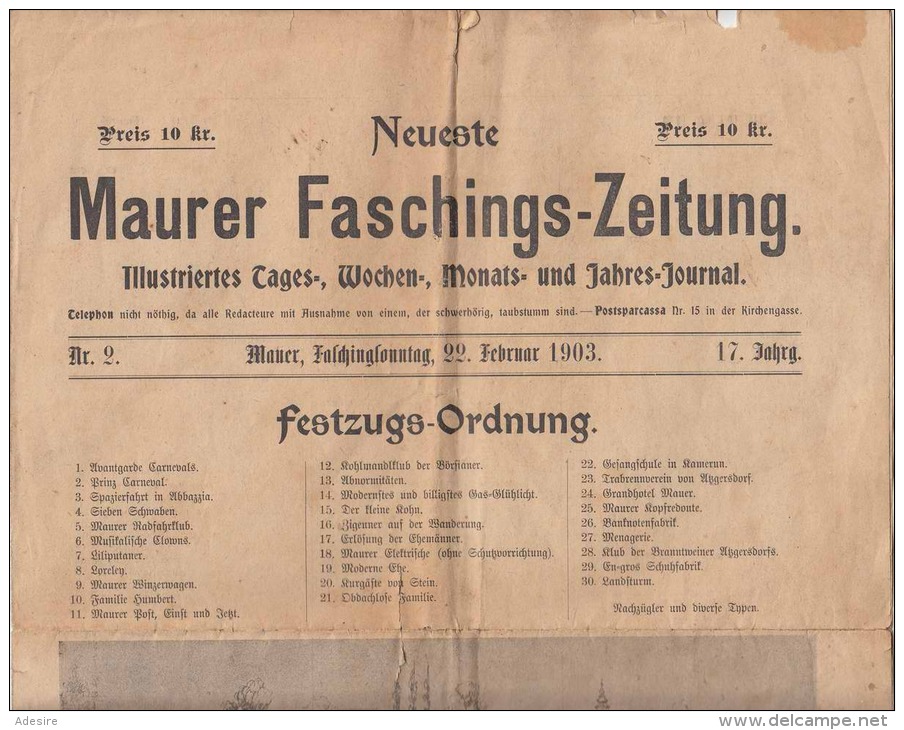 RARITÄT! MAURER FASCHINGS-ZEITUNG 1903, Ausgabe 22.2.1903, Preis 10 Kr, Zeitung Bestehend Aus 4 Seiten ... - Autres & Non Classés