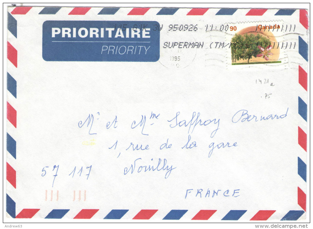 CANADA - 1995 - Prioritaire - 90 Elberta Peach - Viaggiata Per Nouilly, France - Lettres & Documents