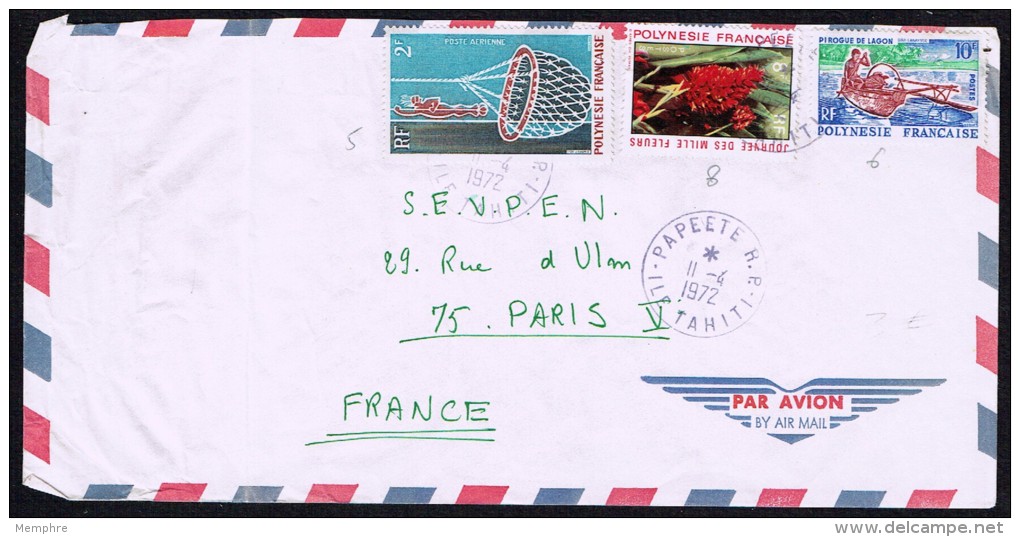 1972  Lettre Avion Pour La France    TPirogue De Lagon 38, Panier De Pêcheur PA 34, Fleur Rouge 83 - Cartas & Documentos