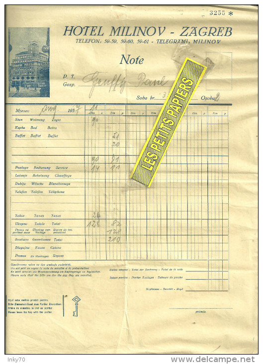 Croatie - ZAGREB - Facture HOTEL MILINOV – 1937 - REF 204 - Canada