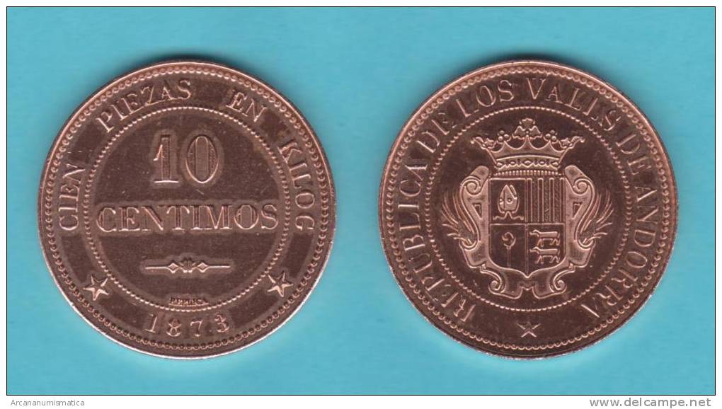 ¡¡¡  MUY  RARA!!!  ANDORRA   10  CÉNTIMOS  1.873  BRONCE  SC / UNC      DL-9870 - Andorra