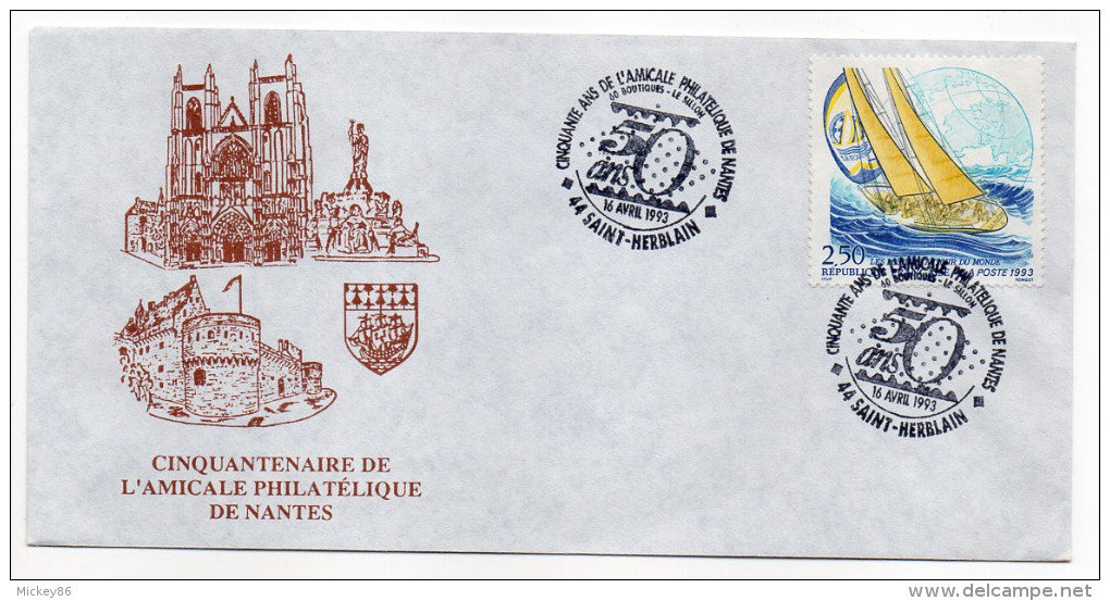 Cachet Provisoire-16 Avril 1993--50°anniv Amicale Philatélique De Nantes--44--St Herblain--tp Bateau "La Poste" - Matasellos Provisorios