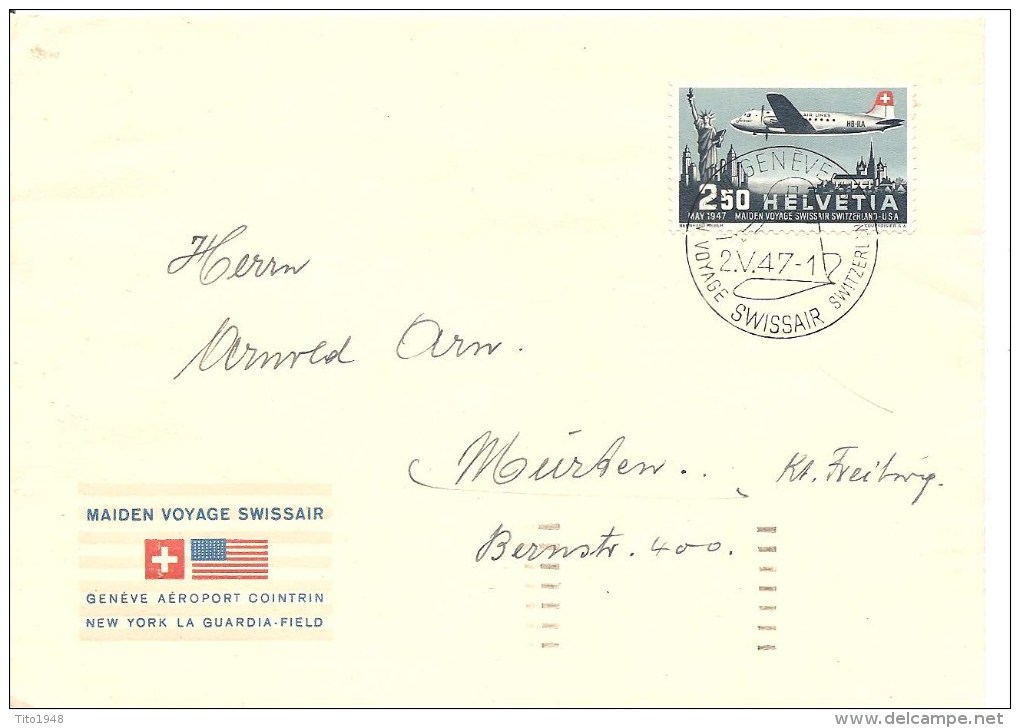 Schweiz, Airmail -Brief Luftpost, 1947 Nach USA, Maiden Voyage Swissair, Siehe Scans! - Erst- U. Sonderflugbriefe