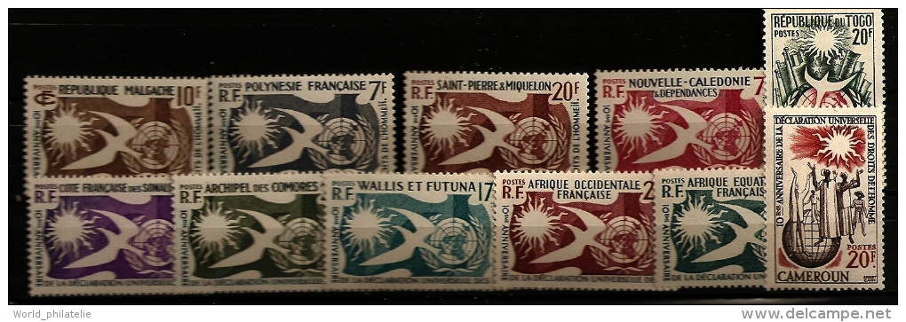 Grande Série Coloniale Complète 1958, 11 Valeurs ** Déclaration Universelle Des Droits De L'homme, Colombe, ONU, Soleil - Non Classés