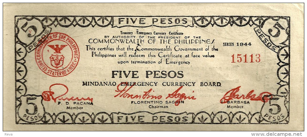 PHILIPPINES 5 PESOS BLACK INSCRIPTIONS FRONT & BACK  MINDANAO GUERILLA DATED SERIES 1944 AUNC PS.? READ DESCRIPTION !! - Philippines