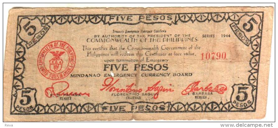 PHILIPPINES 5 PESOS BLACK INSCRIPTIONS FRONT & BACK  MINDANAO GUERILLA DATED SERIES 1944 AUNC PS.? READ DESCRIPTION !! - Philippinen