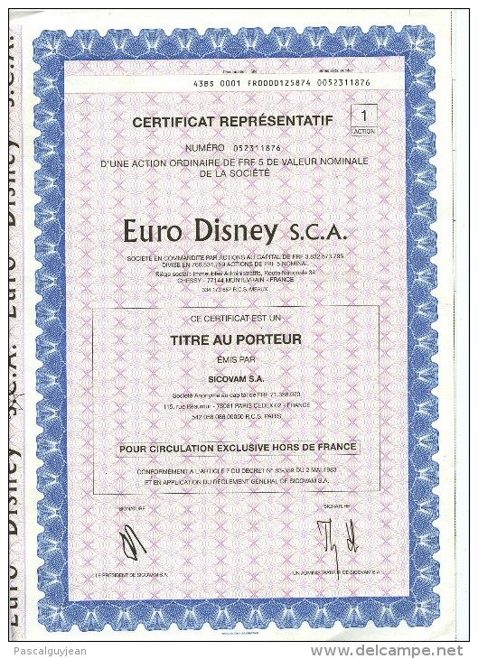 ACTION EURO DISNEY SCA 1983 - Tourisme
