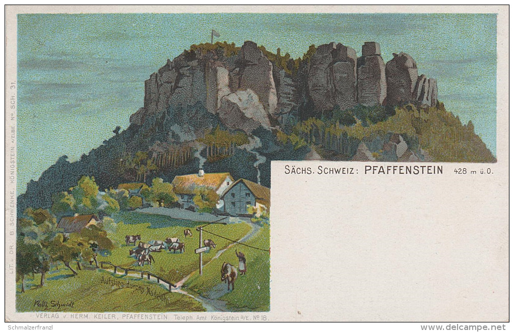 Schmidt Litho AK Sächsische Schweiz Pfaffenstein Nadelöhr Bei Königstein Pfaffendorf Gohrisch Cunnersdorf Krippen - Kleinhennersdorf