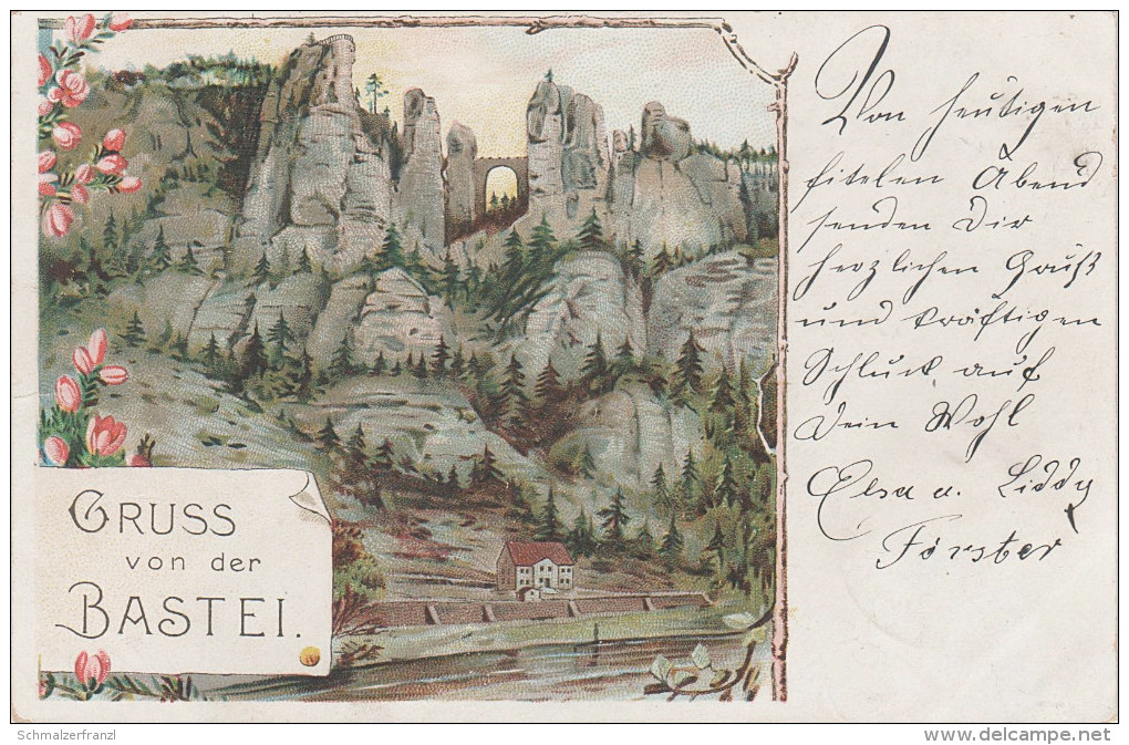 Litho AK Gruss Bastei Sächsische Schweiz Bei Rathen Wehlen Rathewalde Uttewalde Hohnstein Lohmen Pirna Pretzschendorf - Bastei (sächs. Schweiz)