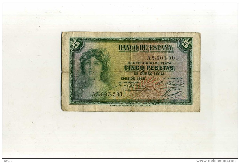 - ESPAGNE 1931/35 . BILLET DE 5 P. - 5 Peseten