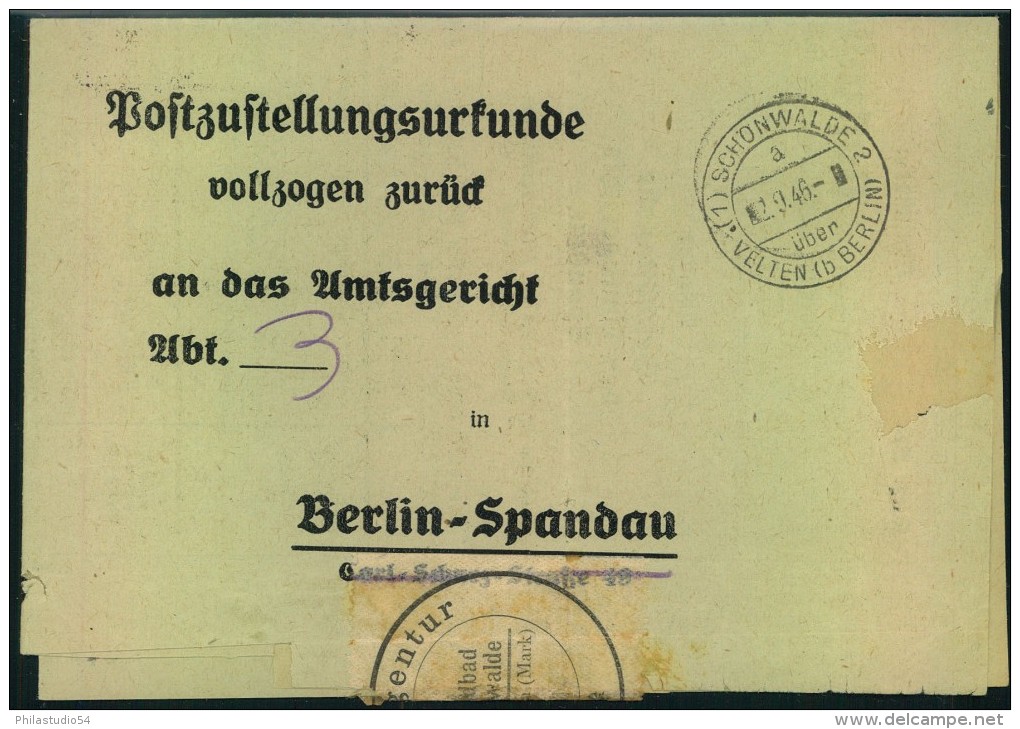 BRANDENBURG ; SCHÖNWALDE 2 VELTEN (b. BERLIN) 1946; Postzustellungsurkunde - Altri & Non Classificati