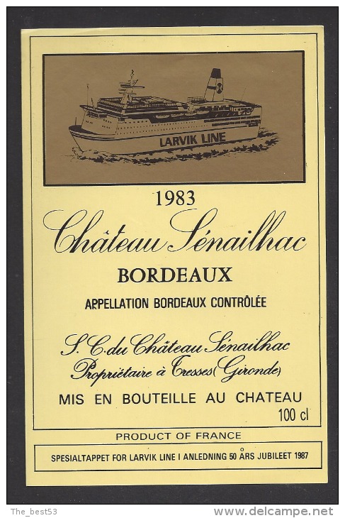 Etiquette De Bordeaux 1983- Chateau Sénailhac - Spécialtappet For Larvik Line I Anledning 50 Ars Jubileet 1987 - Bateau - Dampfer