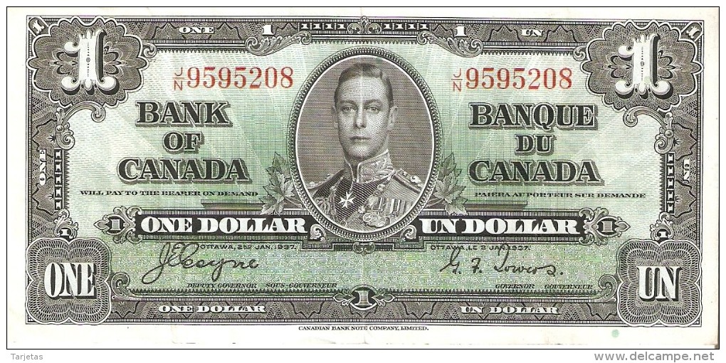 BILLETE DE CANADA DE 1 DOLLAR DEL AÑO 1937 CALIDAD EBC (XF)  (BANKNOTE) - Kanada