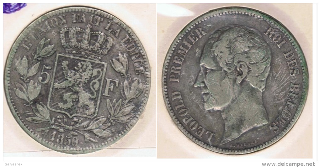 BELGICA BELGIQUE 5  FRANCS 1850 PLATA SILVER Y - 5 Francs