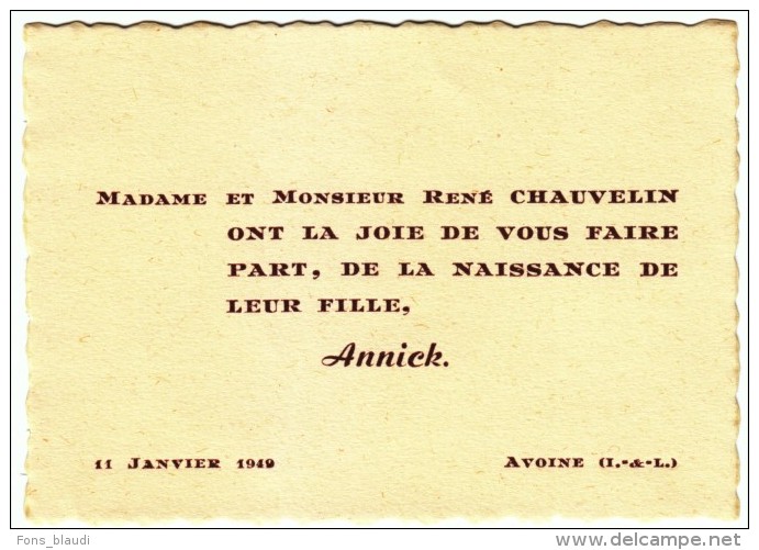 1949 - Expert Foncier Chauvelin à Avoine - FRANCO DE PORT - Birth & Baptism