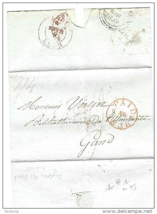 LONDON  6/03/1838 PAID-stempel Naar GAND (Gent) + Angleterre Par Ostende In Het Rood /zwakke Slag - 1830-1849 (Belgique Indépendante)