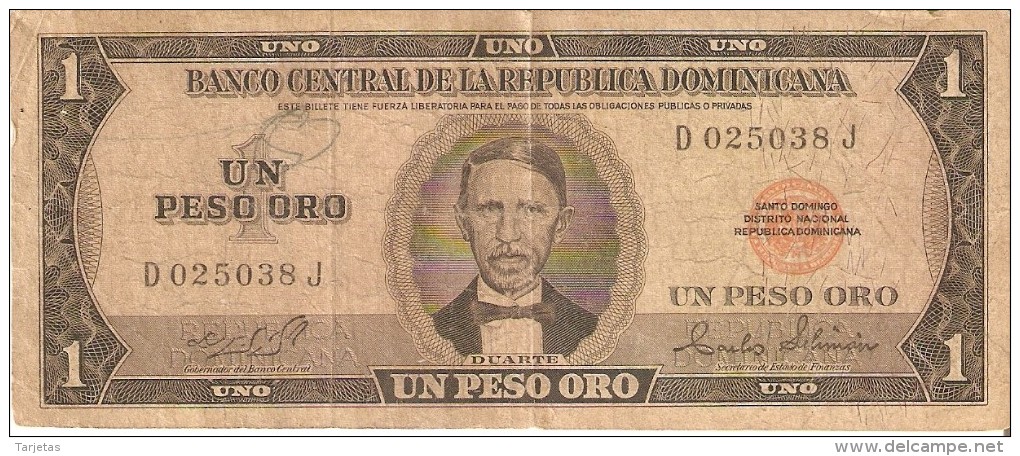 BILLETE DE LA REPUBLICA DOMINICANA DE 1 PESO ORO DEL AÑO 1975 DE DUARTE (BANKNOTE) RARO - Repubblica Dominicana