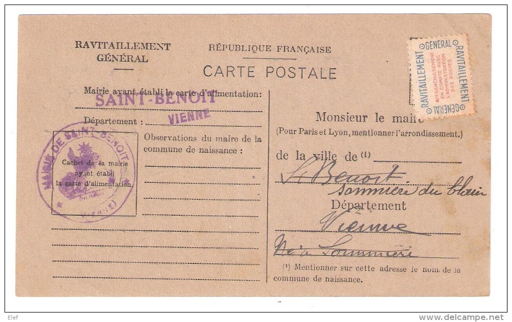 France, Carte De Ravitaillement Avec N° 15 A, Mairie De SAINT BENOIT, Vienne Fiche De Contrôle > Sommières Du Clain 1946 - Covers & Documents