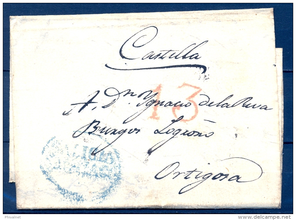 1834 GALICIA , CARTA CIRCULADA ENTRE SANTIAGO DE COMPOSTELA Y ORTIGOSA, MARCA GALICIA / SANTIAGO EN ÓVALO, PORTEO - ...-1850 Prephilately