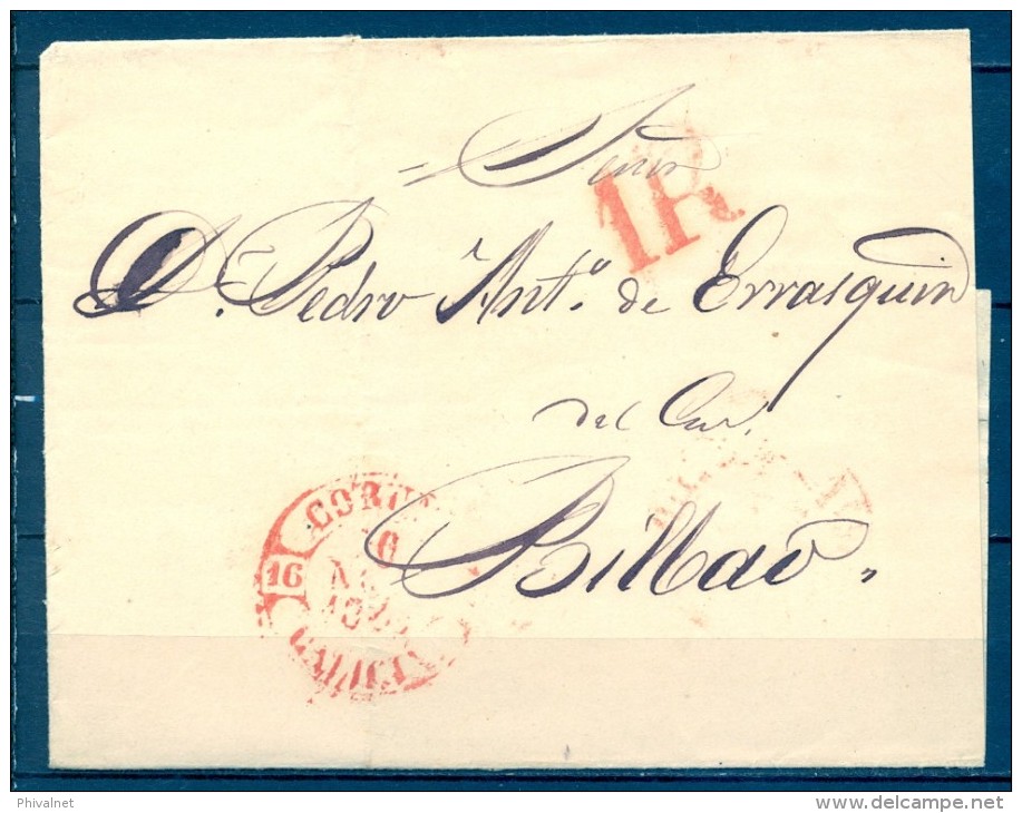 1849 GALICIA , ENVUELTA CIRCULADA ENTRE CORUÑA Y BILBAO, BAEZA CORUÑA EN ROJO, PORTEO, LLEGADA - ...-1850 Prephilately