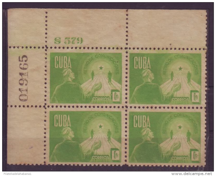 1944-20 CUBA 1944. Ed.364. 1c RETIRO DE COMUNICACIONES BLOCK 4 PLATE NUMBER SIN GOMA - Ongebruikt