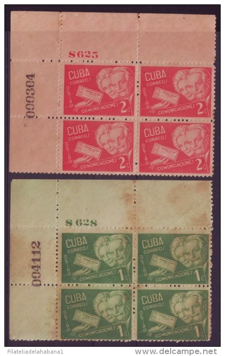 1945-25 CUBA 1945. Ed.379-80. 1-2c RETIRO DE COMUNICACIONES BLOCK 4 PLATE NUMBER SIN GOMA - Ongebruikt