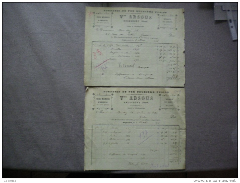 ANGECOURT ARDENNES Vve ABSOUS FONDERIE DE FER DEUXIEME FUSION SPECIALITE DE JOUETS EN FONTE FACTURES DES 9/3 ET 2/10/193 - 1900 – 1949