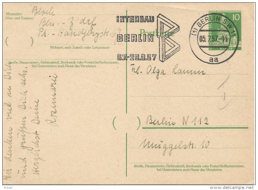 ALEMANIA DDR ENTERO POSTAL MAT INTERBAU BERLIN 1957 - Other & Unclassified