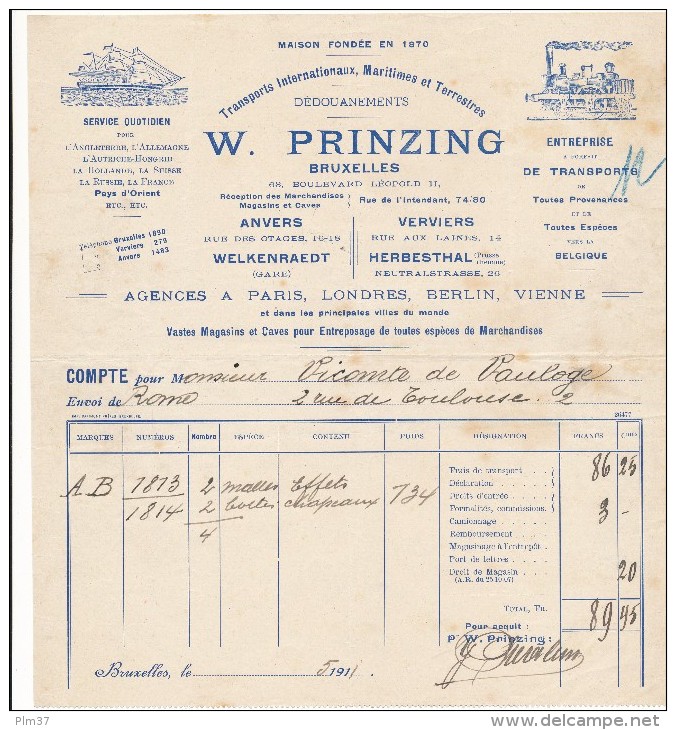 FACTURE - BRUXELLES 1911 - Transports Internationaux, Maritimes Et Terrestres, Dédouanements - W. Prinzing - 1900 – 1949