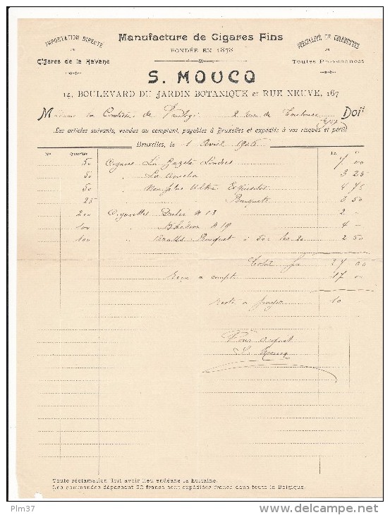 FACTURE - BRUXELLES 1906 - Manufacture De Cigares Fins, Tabac - S. Moucq - 1900 – 1949