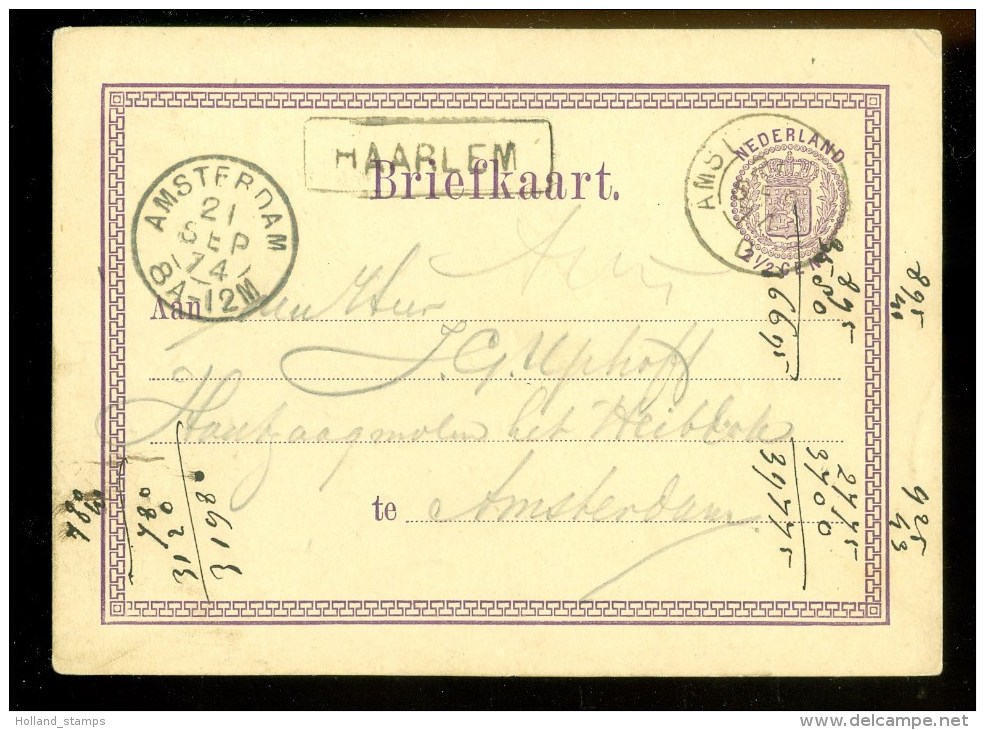 NEDERLAND * HANDGESCHREVEN BRIEFKAART Uit 1874 Gelopen Van LANGSTEMPEL HAARLEM Naar AMSTERDAM * VOORDRUK NVPH 18 (9903L) - Material Postal