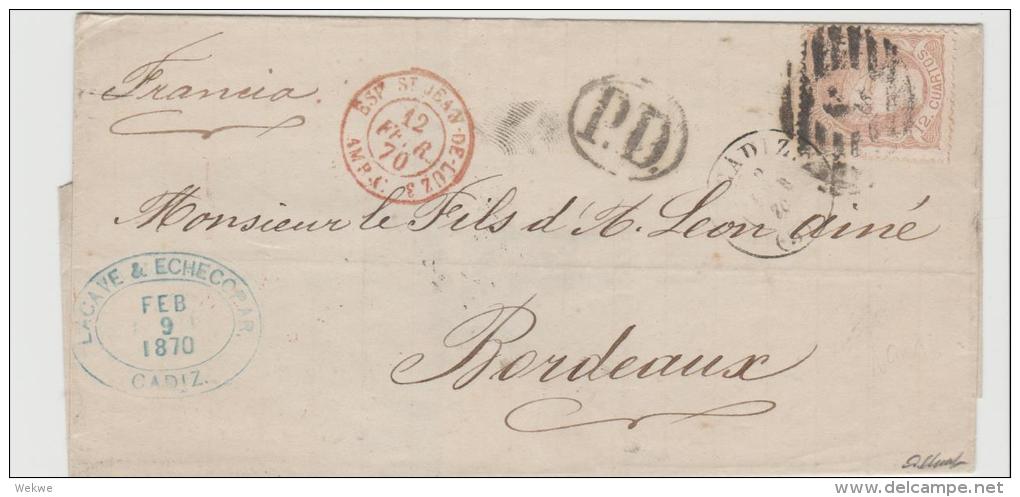 Spk033  Brief, / SPANIEN - Isabella II 1870. Cadiz Nach Bordeaux, Handstempelzudruck  Habilitado - Lettres & Documents