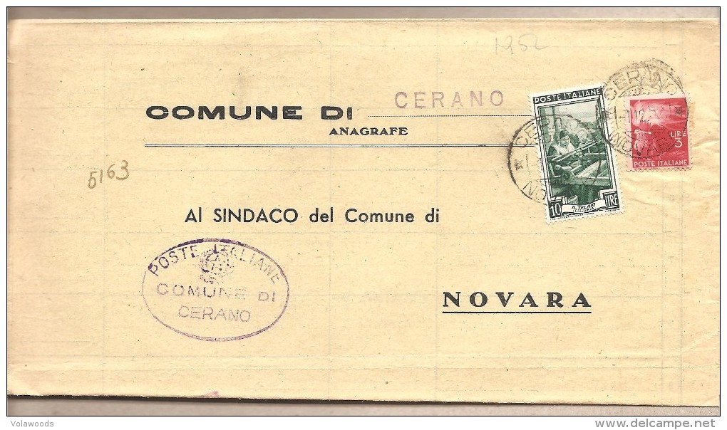 Italia - Atto Comunale Da Cerano (NO) Al Comune Di Novara - 1952 - 1946-60: Storia Postale