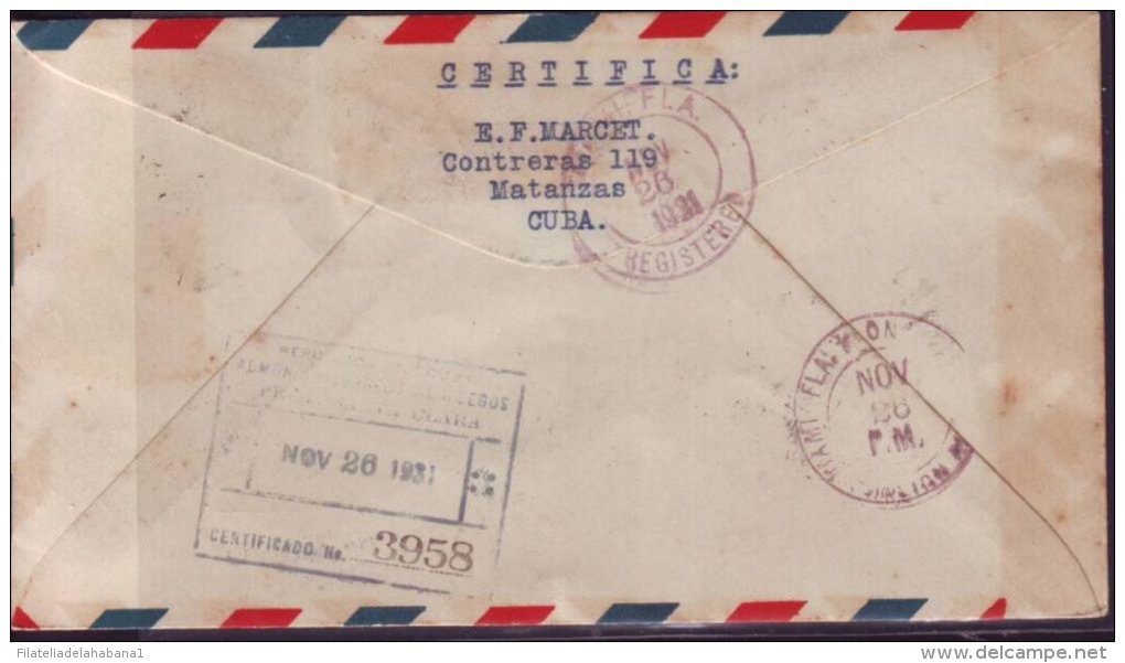 1931-PV-15 CUBA FIRT FLIGHT 1931 CIENFUEGOS - MIAMI. CERTIFICADO. RETORNO DE CIENFUEGOS A MIAMI. - Poste Aérienne