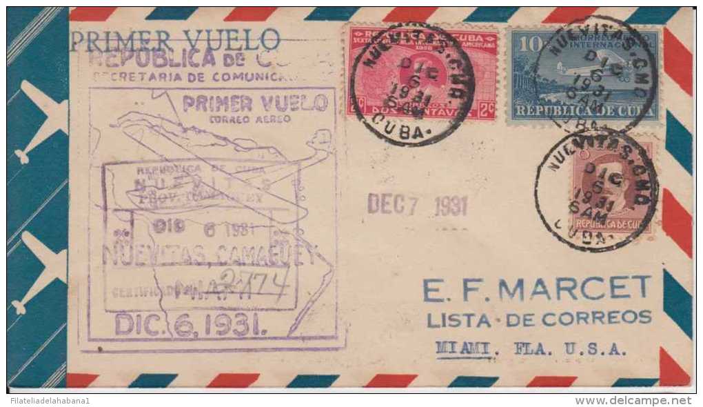 1931-PV-22 CUBA FIRT FLIGHT 1931 NUEVITAS &ndash; MIAMI. - Poste Aérienne