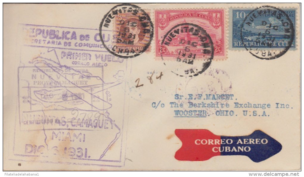 1931-PV-23 CUBA FIRT FLIGHT 1931 NUEVITAS &ndash; OHIO SEND TO MIAMI. - Poste Aérienne