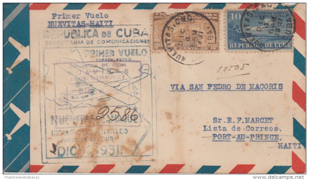 1931-PV-24 CUBA FIRT FLIGHT 1931 NUEVITAS &ndash; PORT-AU-PRINCE. HAITI. - Poste Aérienne