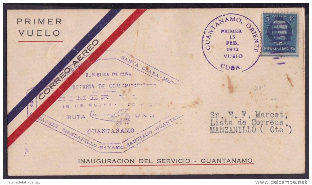 1932-PV-23 CUBA FIRT FLIGHT 1932 GUANTANAMO - MANZANILLO. - Poste Aérienne