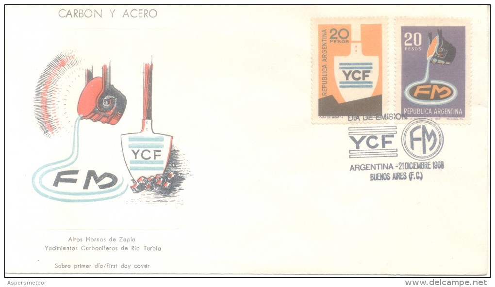 CARBON Y ACERO  ARGENTINA 1968 SOBRE FDC CARBON Y ACERO YACIMIENTOS CARBONIFEROS FISCALES Y FABRICACIONES MILITARES COAL - Fábricas Y Industrias