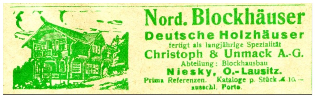 Original-Werbung/ Anzeige 1922 - NORD. BLOCKHÄUSER/ HOLZHÄUSER/ CHRISTOPH & UNMACK - NIESKY O.-LAUSITZ -  Ca. 90 X 30 Mm - Werbung