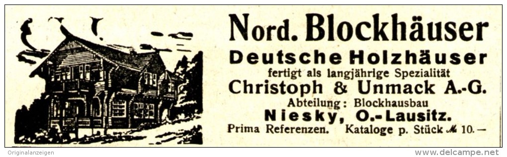 Original-Werbung/ Anzeige 1922 - NORD. BLOCKHÄUSER/ HOLZHÄUSER/ CHRISTOPH & UNMACK - NIESKY O.-LAUSITZ -  Ca. 90 X 30 Mm - Werbung