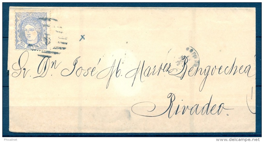 1870, ENVUELTA CIRCULADA ENTRE CORUÑA Y RIBADEO, ED. 107 , MAT. PARRILLA Nº 4 , LLEGADA AL DORSO - Storia Postale