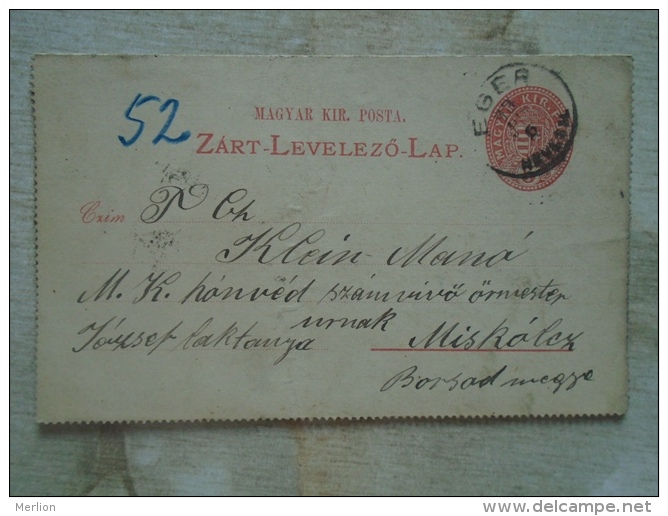 Hungary- Zárt Levelezölap  Eger Miskolc 1892  Klein Mano Honvéd Számvivö örmester József Laktanya     D131764 - Lettres & Documents