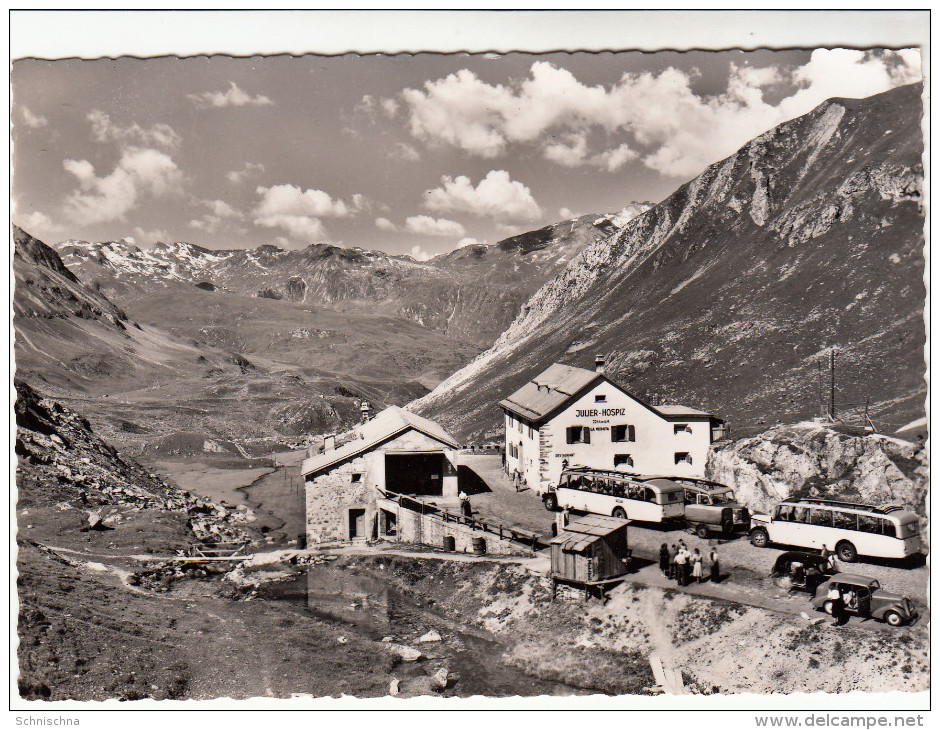 AK Julierpass Mit Hospitz, Autos Und Busse, Verlag Furter, Davos, Fotokarte, Ca. 1955 - Davos