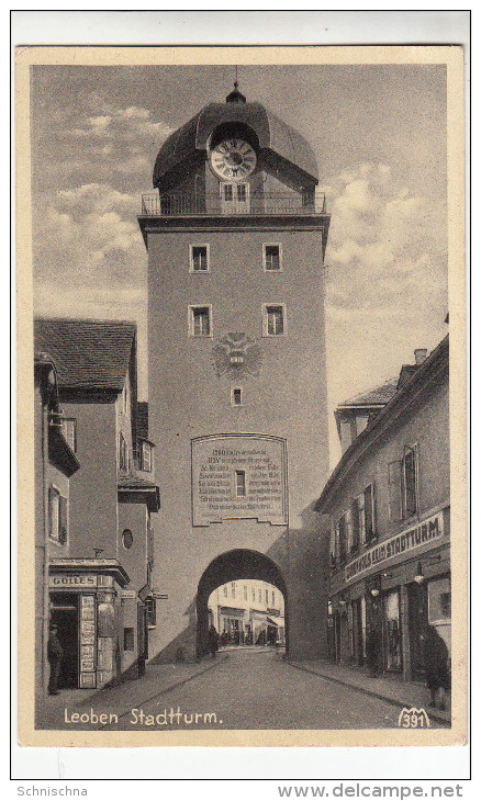 AK Leoben, Stadtturm, Mit Warenhaus Am Stadtturm, Ca. 1935 - Leoben