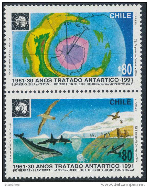 CHILE 1991, 30th Anniversary Of Antarctic Treaty, Set Of 2v** - Tratado Antártico