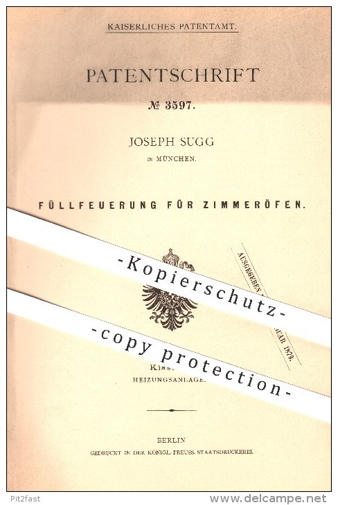 Original Patent - Joseph Sugg , München , 1878 , Feuerung Für Zimmeröfen , Ofen , Öfen , Ofenbauer , Ofenbau , Heizung ! - Historische Dokumente